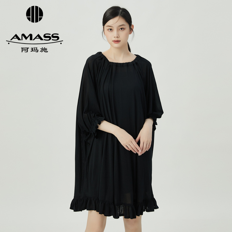 阿玛施AMASS 简约素色俏皮荷叶边廓形短袖洋装5500556