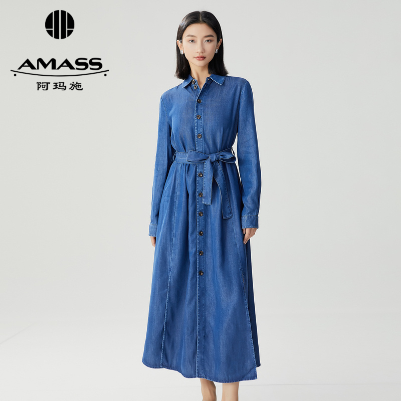 阿玛施AMASS 莱赛尔丹宁软牛仔长款连衣裙附腰带5500560