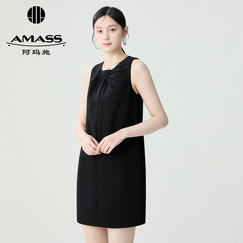 阿玛施AMASS 质感通勤圆领立裁拧结花苞无袖连衣裙5500562