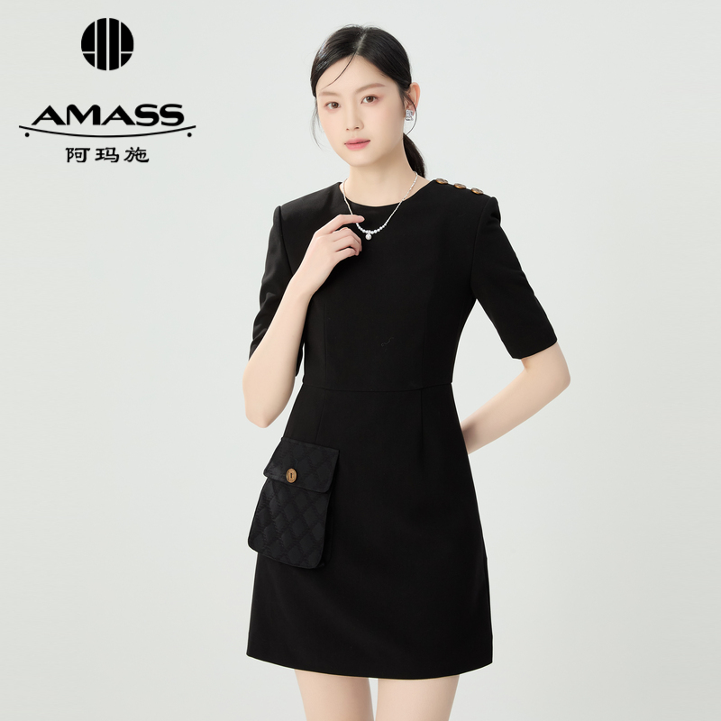 阿玛施AMASS 左肩金属扣口袋拼接设计收腰小黑洋装5500574