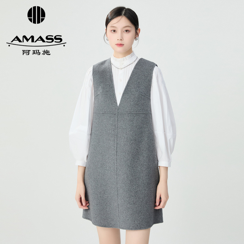 阿玛施AMASS 质感V领直身型双面呢无袖洋装5500595