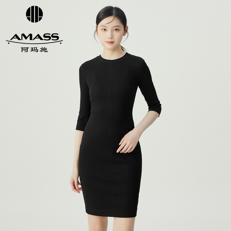 阿玛施AMASS 简约纯色优雅曲线感收身连衣裙5500598