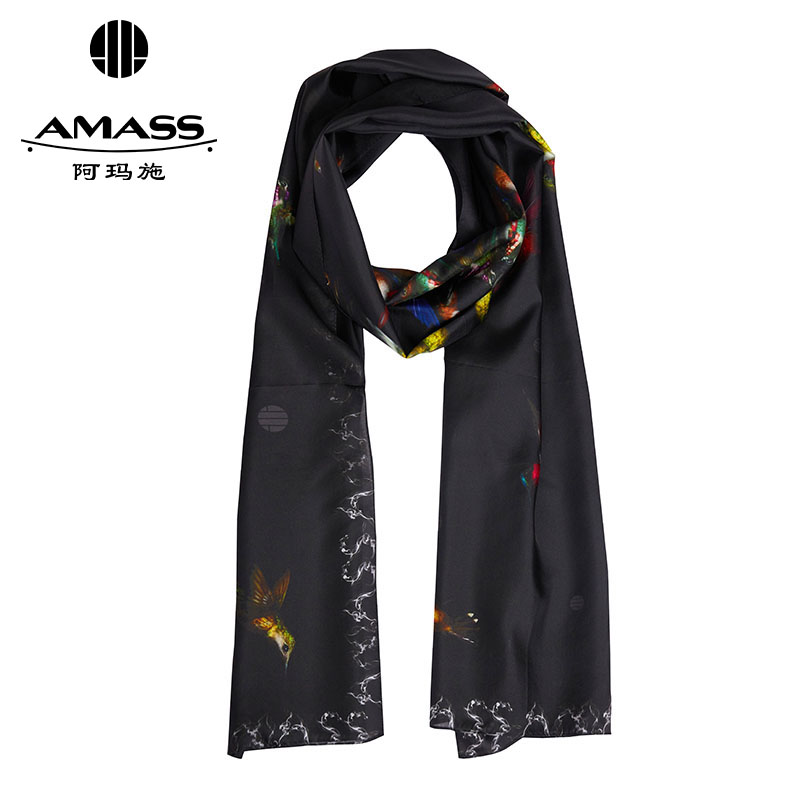 阿玛施AMASS 简约星空黑桑蚕丝丝巾5800042