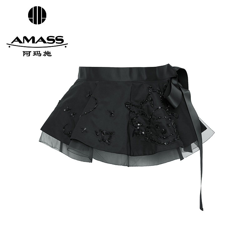 阿玛施AMASS 芭蕾风钉珠拼接网纱蓬蓬裙腰封5900219