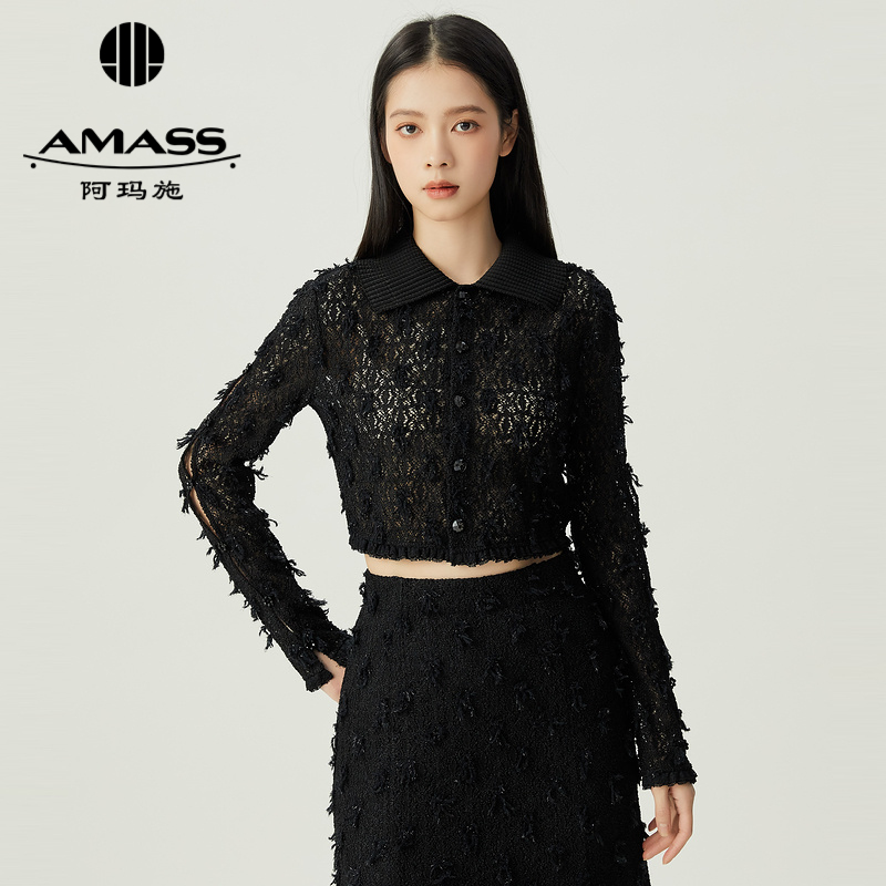 阿玛施AMASS 限定高级款优雅气质蕾丝透视长袖上衣6300036