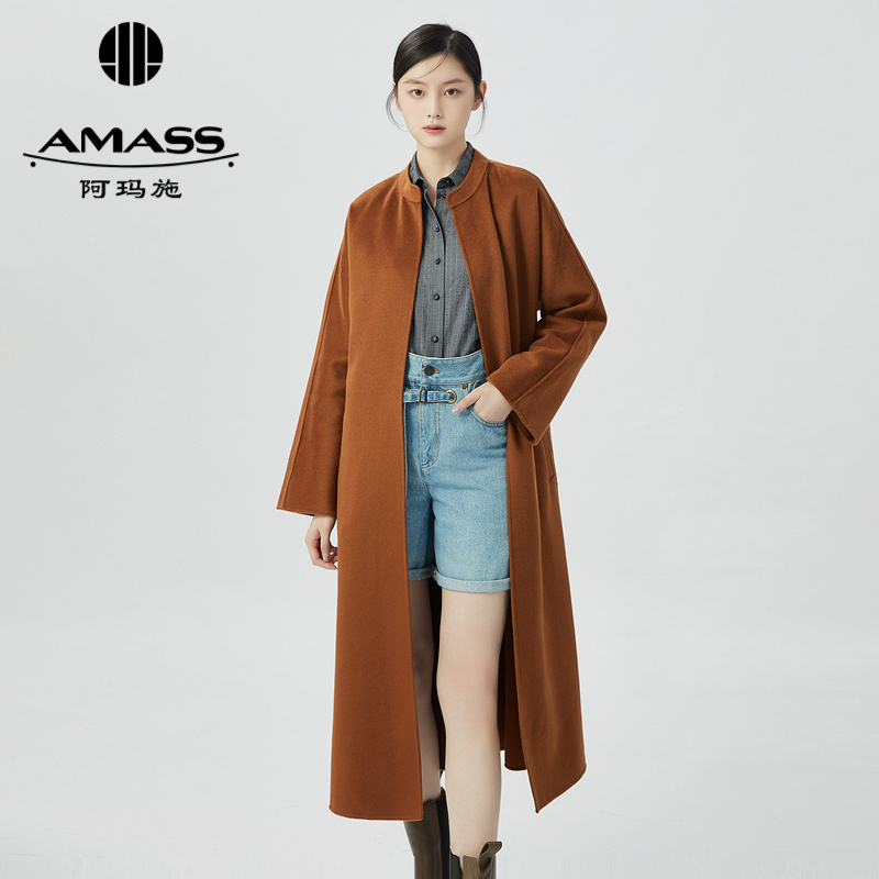 阿玛施AMASS 经典极简风圆领长款双面呢外套6400009