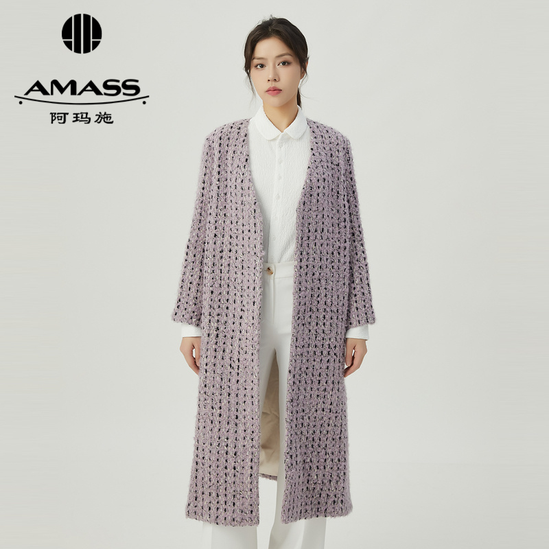 阿玛施AMASS 质感粗花呢V领中长款大衣6400020