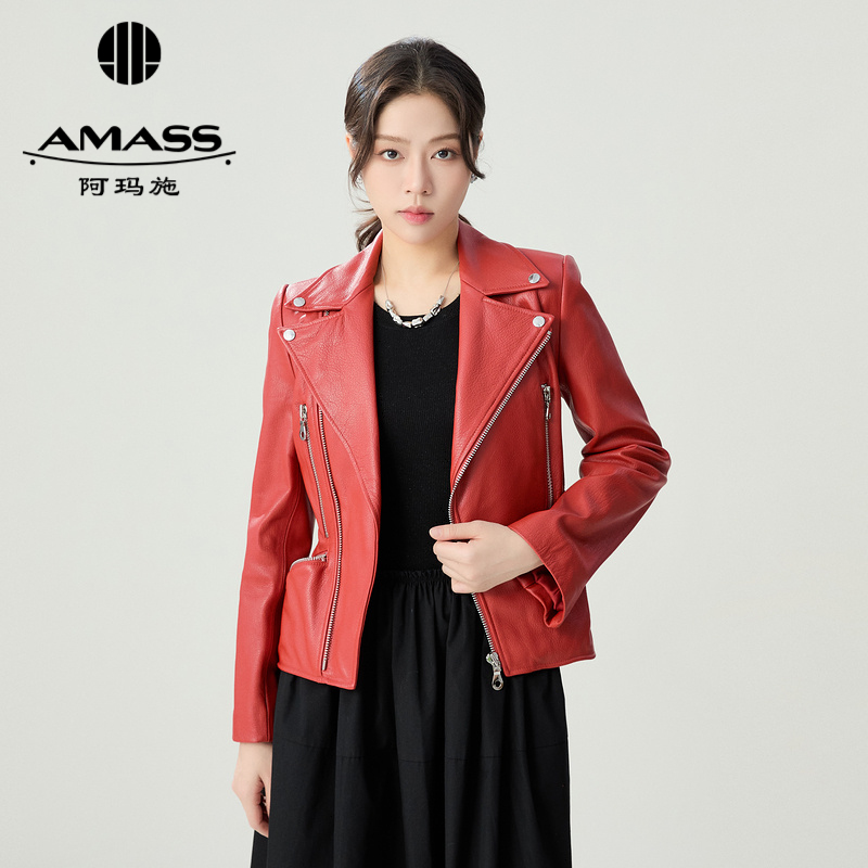 阿玛施AMASS 高级款复古翻领收腰拉链夹克皮衣6400043