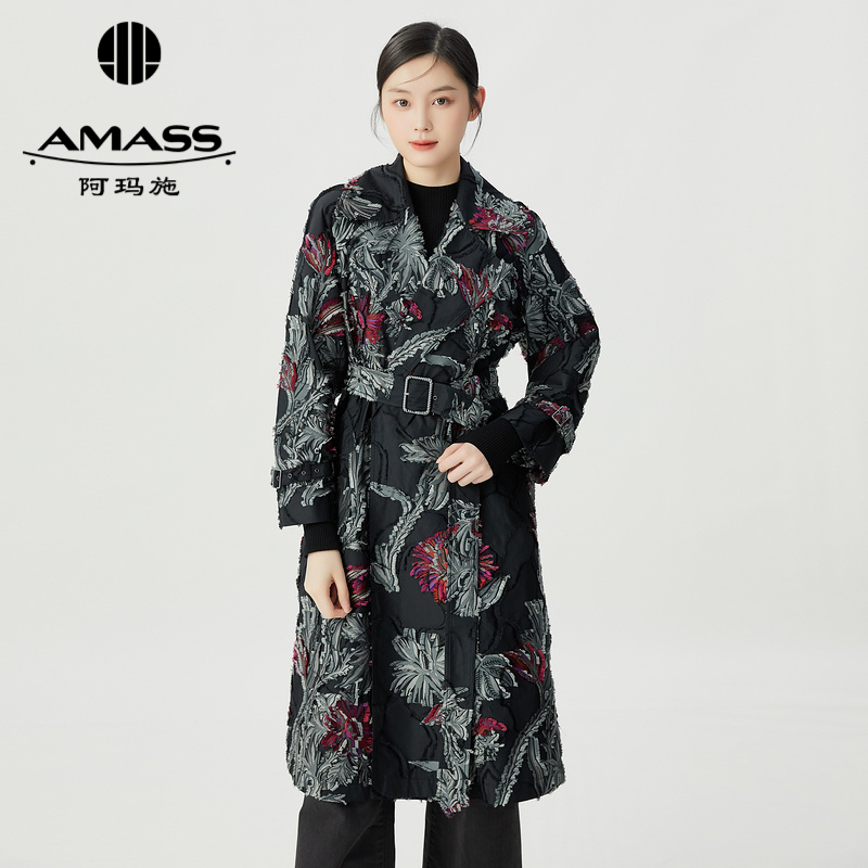 阿玛施AMASS 高级质感重工绣花印花长款风衣外套6400048
