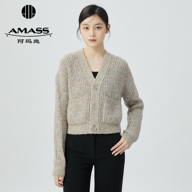 阿玛施AMASS V领纯色亮片针织开衫6499004