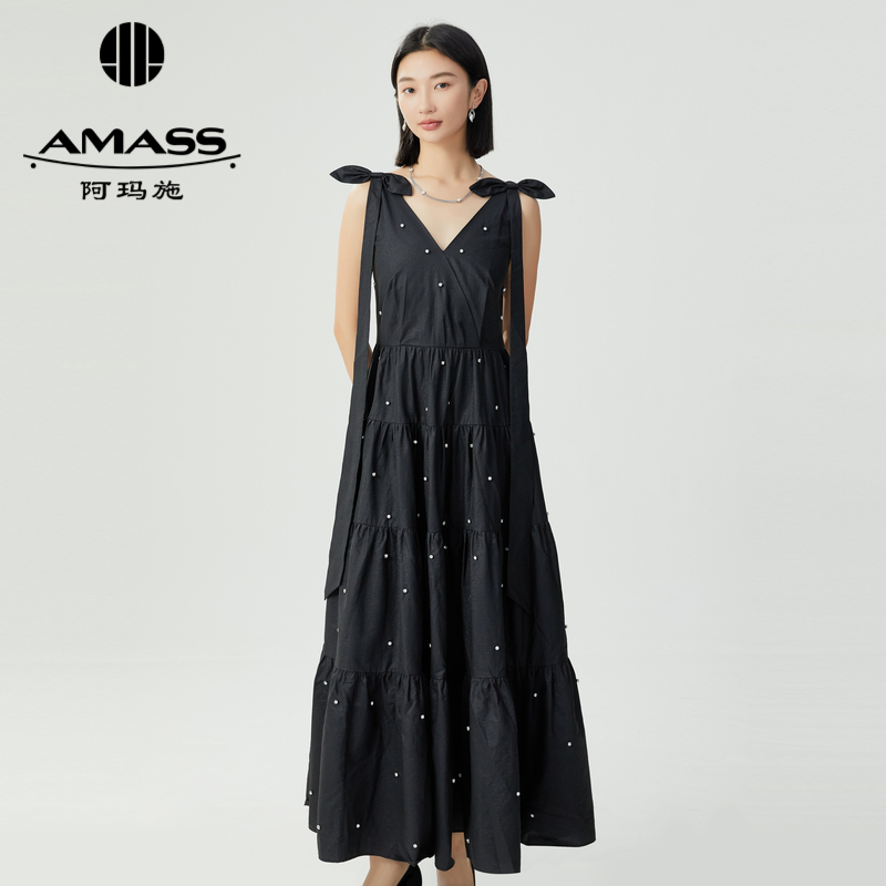 阿玛施AMASS 高金款轻礼服重工钻饰V领收腰蝴蝶结长款连衣裙6500013