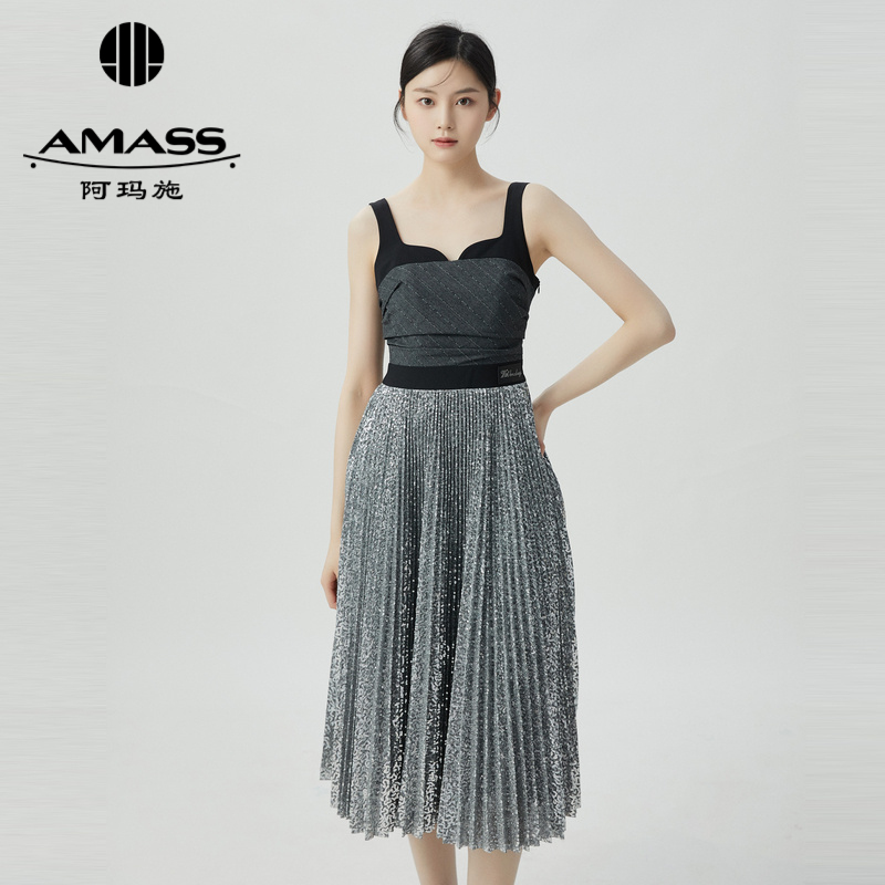 AMASS阿玛施 质感亮片拼接吊带洋装裙 附腰带6500021