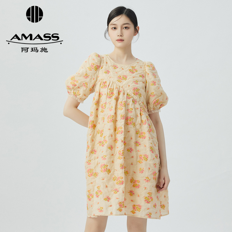 阿玛施AMASS 高级款提花泡泡袖减龄连衣裙6500038