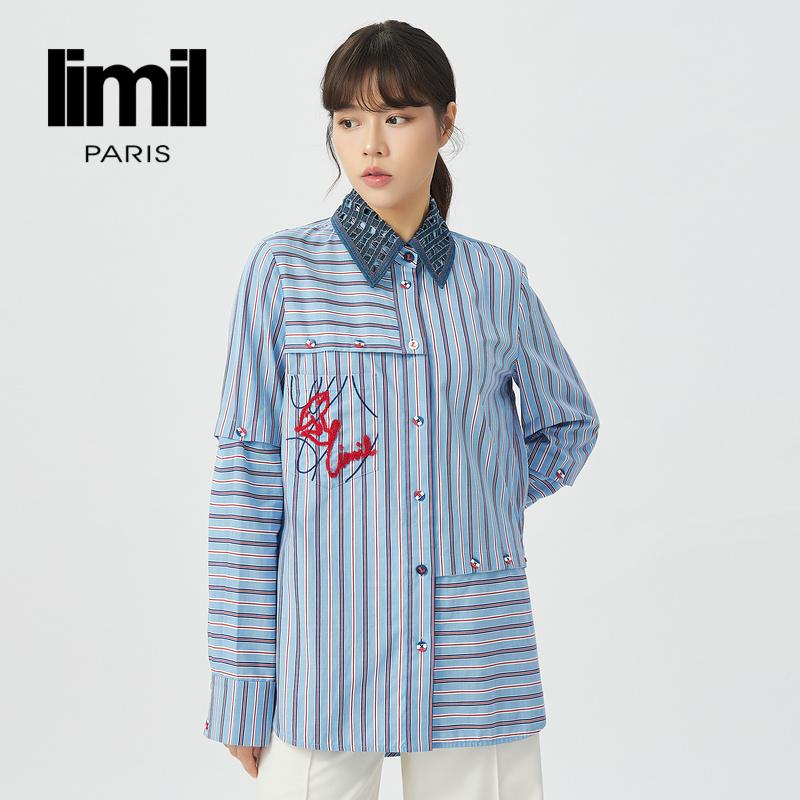 丽米儿limil 海军蓝镂空衣领解构衬衫9300075