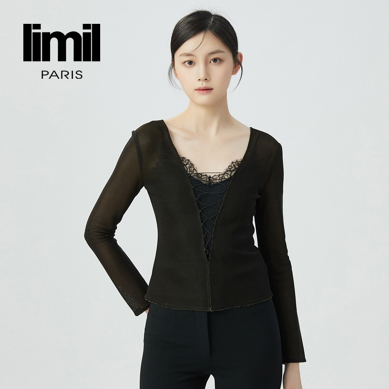 丽米儿limil 设计师款深V抽绳通透感长袖上衣9300079