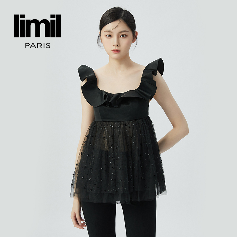 丽米儿limil 小飞袖抹胸拼烫钻透纱公主上衣9300103