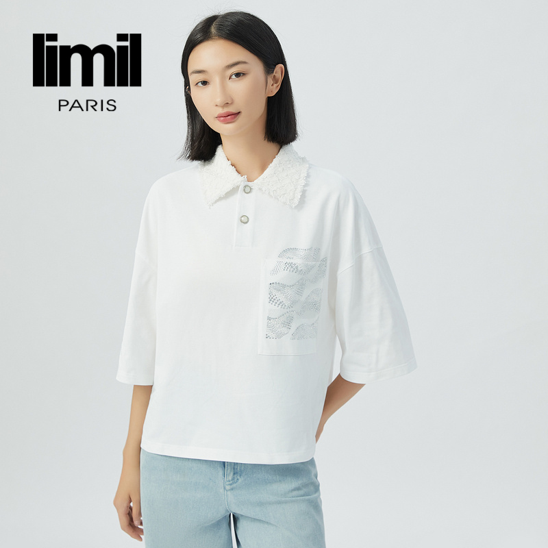 丽米儿limil 水晶月光烫钻拼接小香领POLOT恤9300133