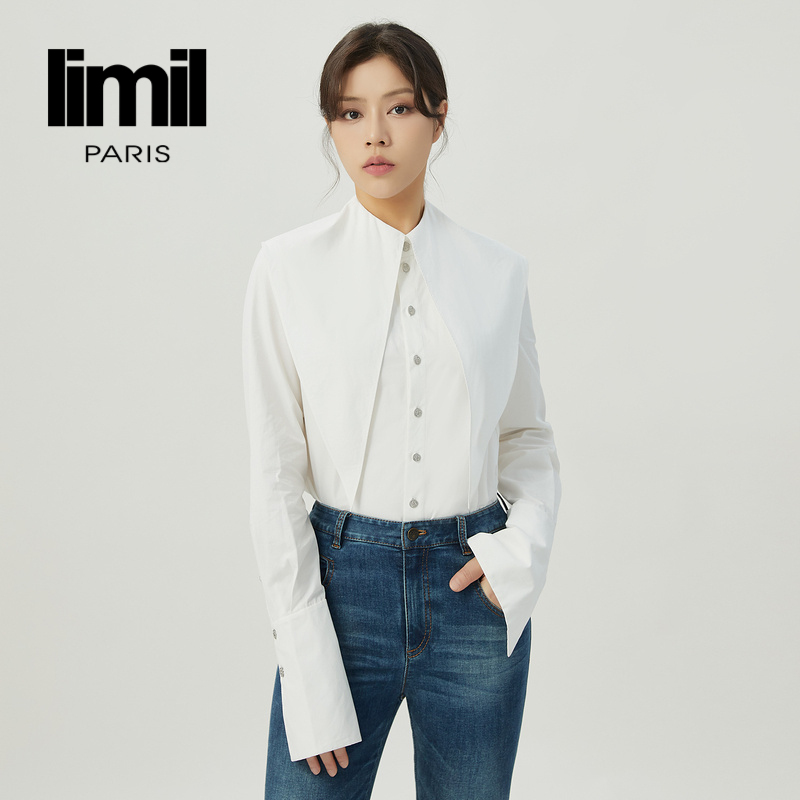 丽米儿limil 通勤简约气质俏皮大尖领白衬衫9300175