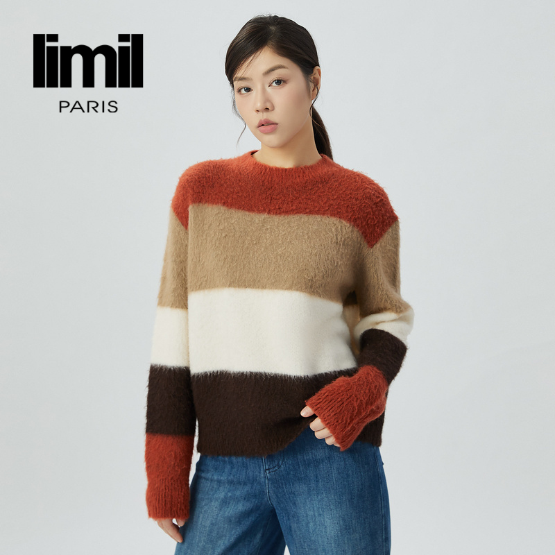 丽米儿limil 复古拼接色圆领套头羊毛针织9399013