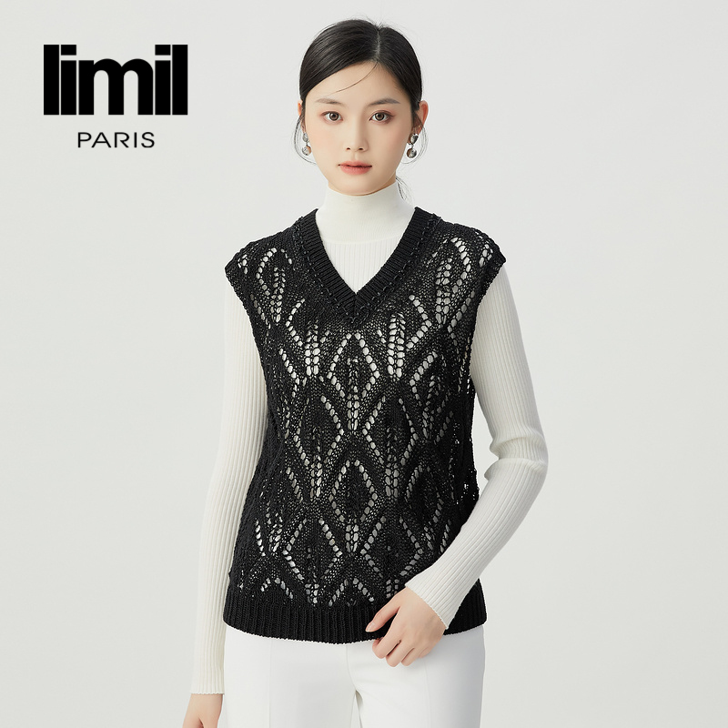 丽米儿limil 质感钉珠镂空菱格针织马甲9399064