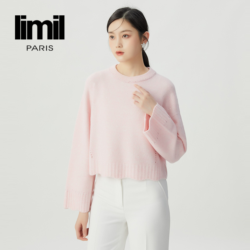 丽米儿limil 简约质感钉珠波浪边圆领套头针织9399067