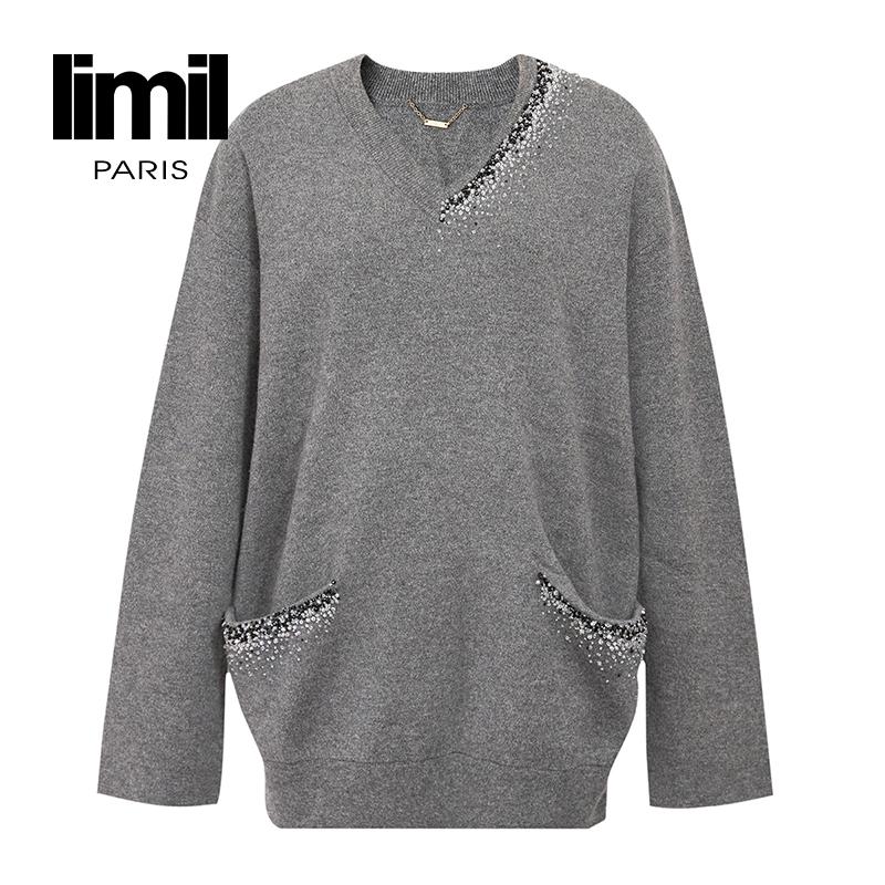 阿玛施丽米儿limil 新款质感重工钉珠V领中长套头针织衫9399087