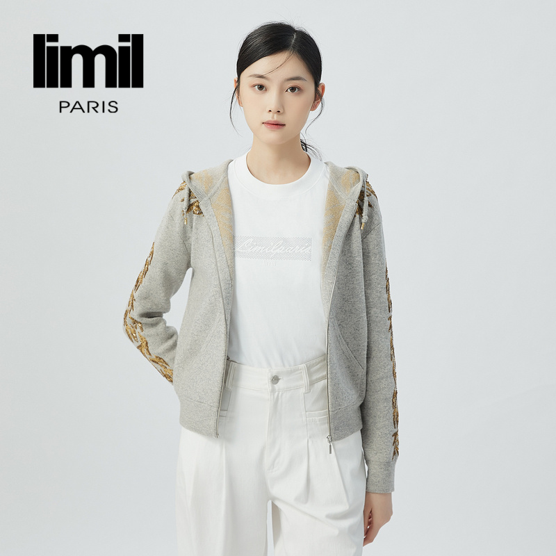 丽米儿limil 慵懒风手工钉珠连帽拉链针织开衫9499004