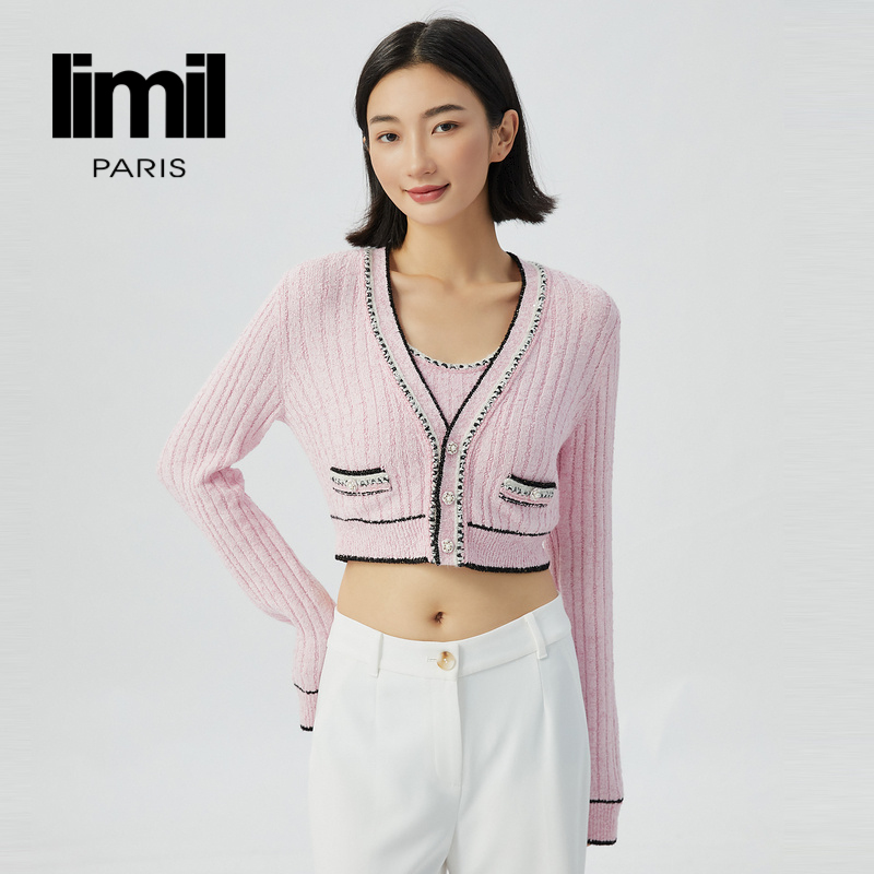 丽米儿limil 精致优雅轻柔浅粉色V领短款针织开衫9499016