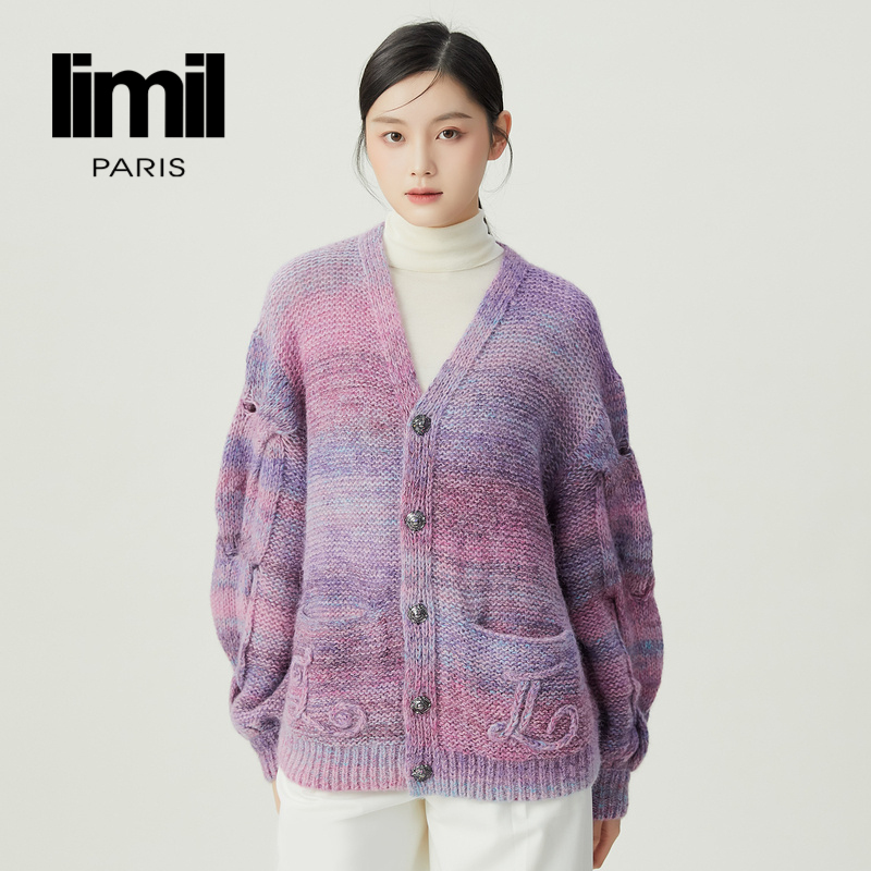 丽米儿limil 渐变晕染梦幻紫色针织开衫9499022