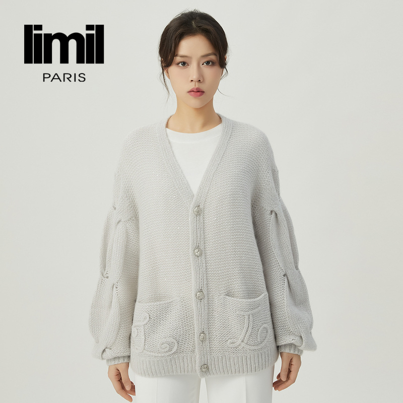 丽米儿limil 慵懒随性V领落肩廓形针织开衫9499022