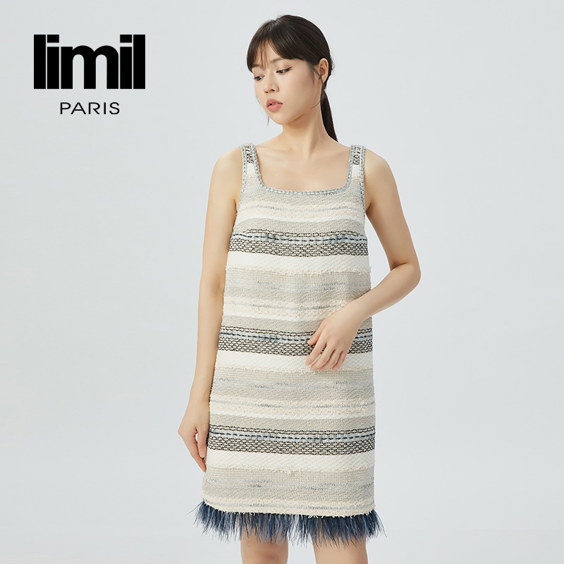 丽米儿limil 小香风花呢拼色羽毛无袖连衣裙9500036