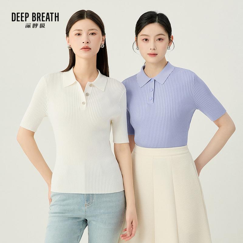 DEEP BREATH深呼吸女装 竖坑条POLO领短袖针织衫A301079