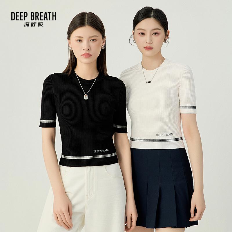 DEEP BREATH深呼吸女装 简约圆领拼色针织衫短袖上衣 A301196