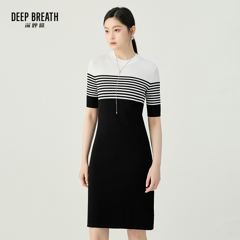 DEEP BREATH深呼吸女装 简约通勤拼色直筒中袖针织连衣裙A500260
