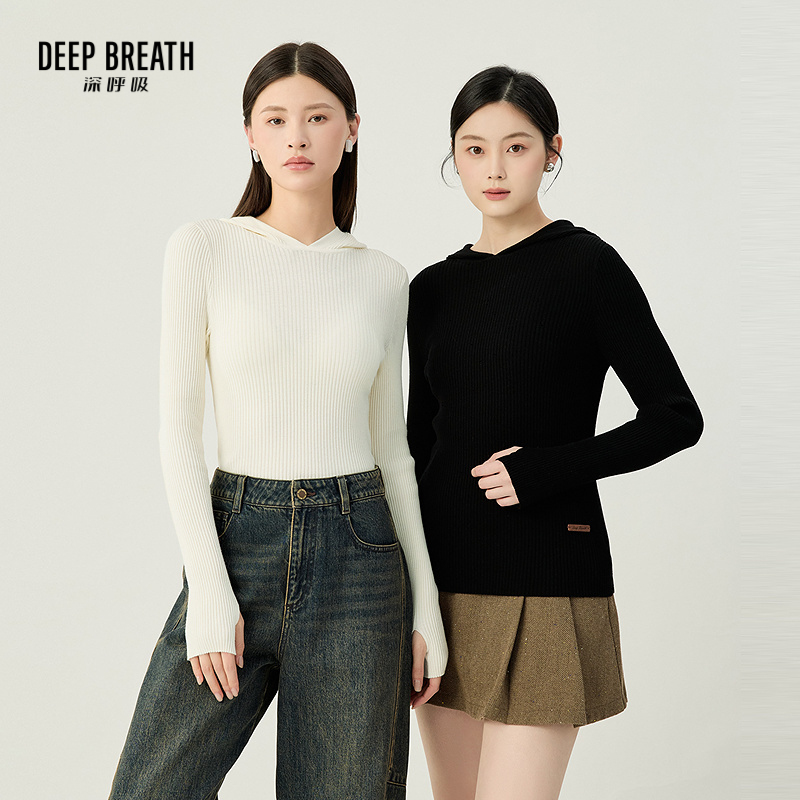 DEEP BREATH深呼吸女装 连帽长袖指孔竖坑条针织衫女A301626