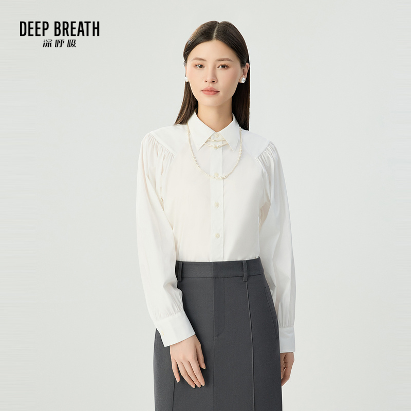 DEEP BREATH深呼吸女装 翻领泡泡袖衬衫简约长袖上衣A301717
