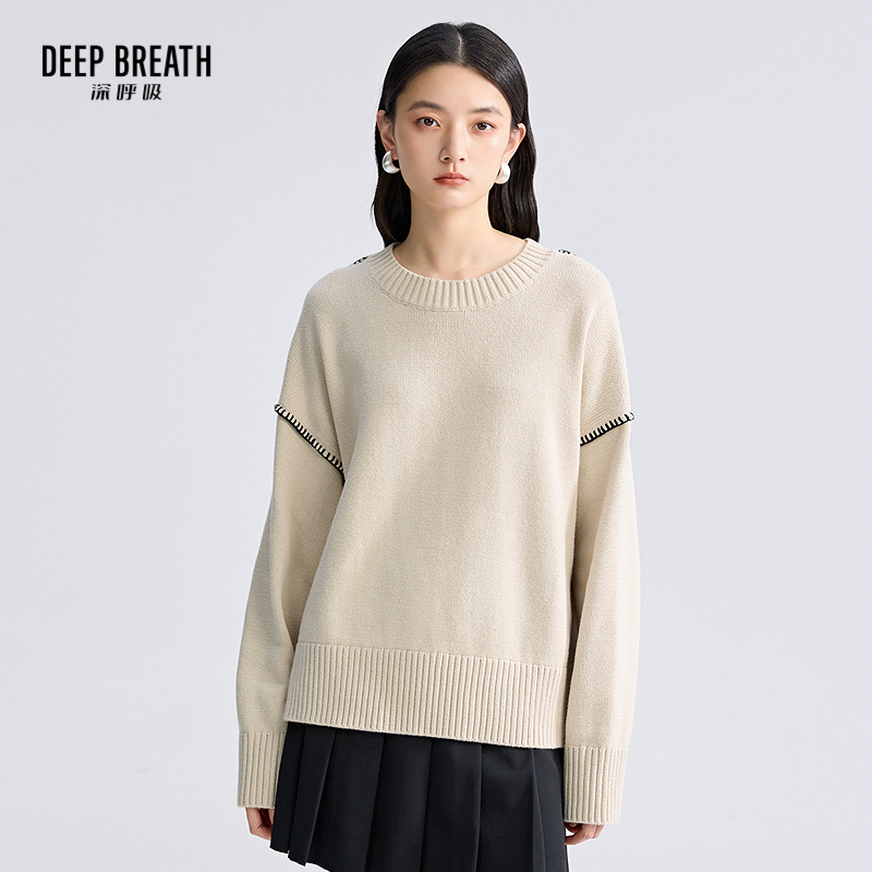 DEEP BREATH深呼吸女装 圆领造型一字贝壳绣口袋宽松针织衫A301812