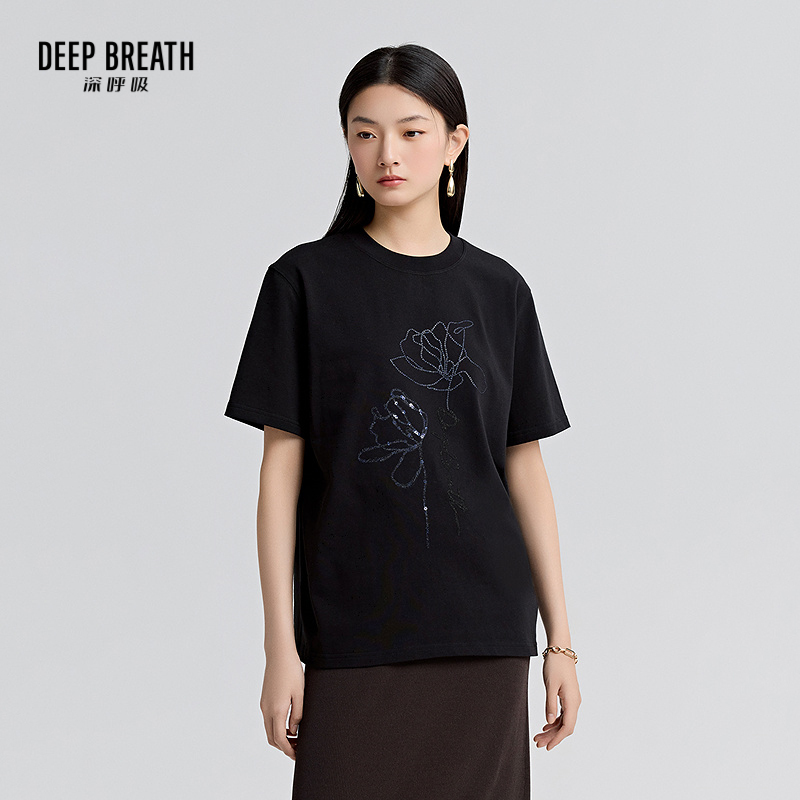 DEEP BREATH深呼吸女装 国风珠片刺绣图案宽松休闲T恤上衣A301852