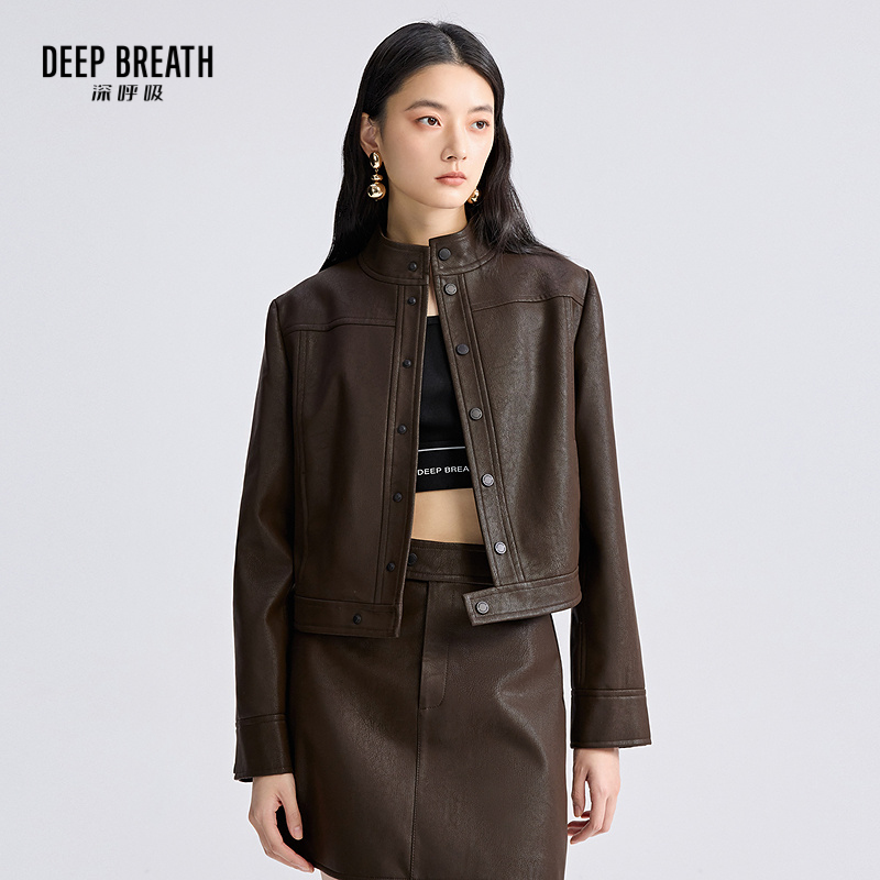 DEEP BREATH深呼吸女装 短夹克PU皮衣半身裙套装A401389-A200350