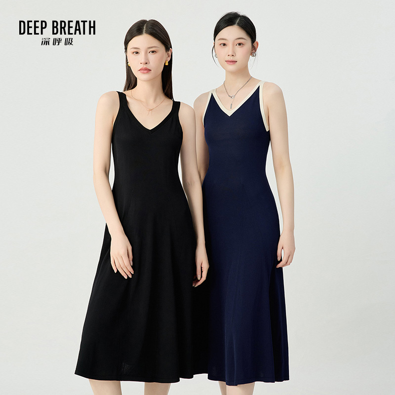 DEEP BREATH深呼吸女装 拼色前后V领长款吊带收腰针织连衣裙A500123-A500255