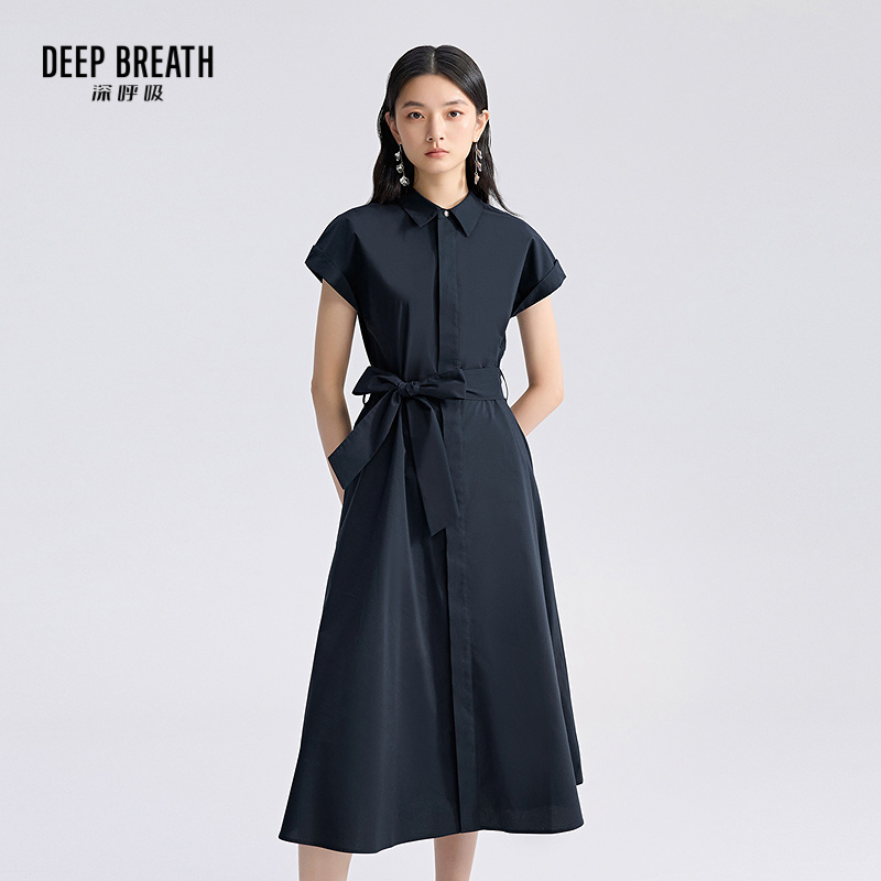 DEEP BREATH深呼吸女装 新款系带翻领收腰中长款连衣裙长裙A500459