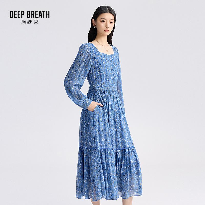 DEEP BREATH深呼吸女装 长袖收腰轻薄长裙印花方领蛋糕裙A500492