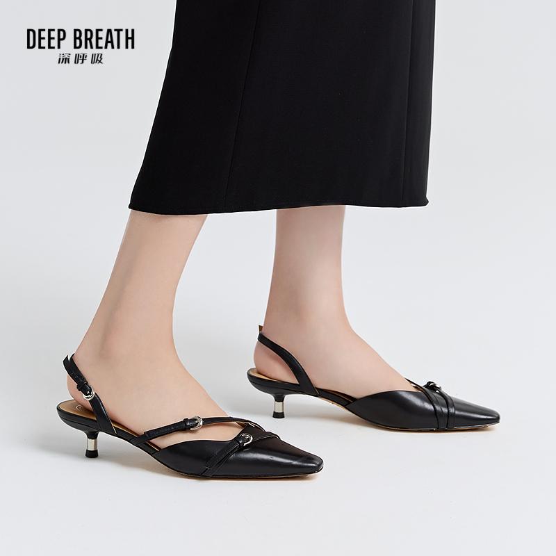 DEEP BREATH深呼吸女鞋 牛皮时尚搭扣后空猫跟复古单鞋细跟鞋AX11161