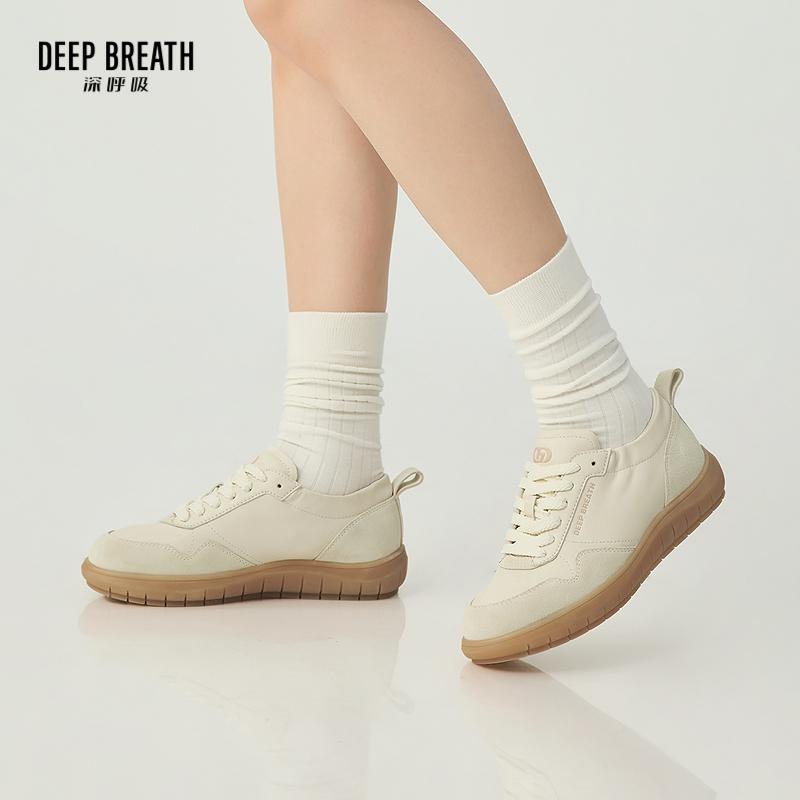 DEEP BREATH深呼吸女鞋 简约低帮绑带牛皮松紧口德训鞋小白鞋休闲鞋AX12314