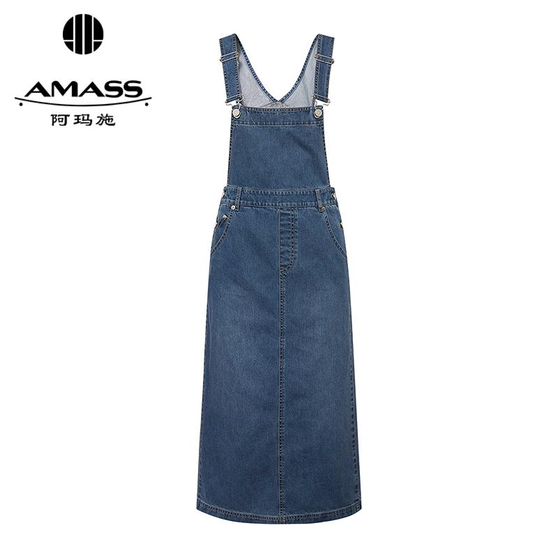 阿玛施AMASS 简约百搭直筒牛仔背带长裙520008