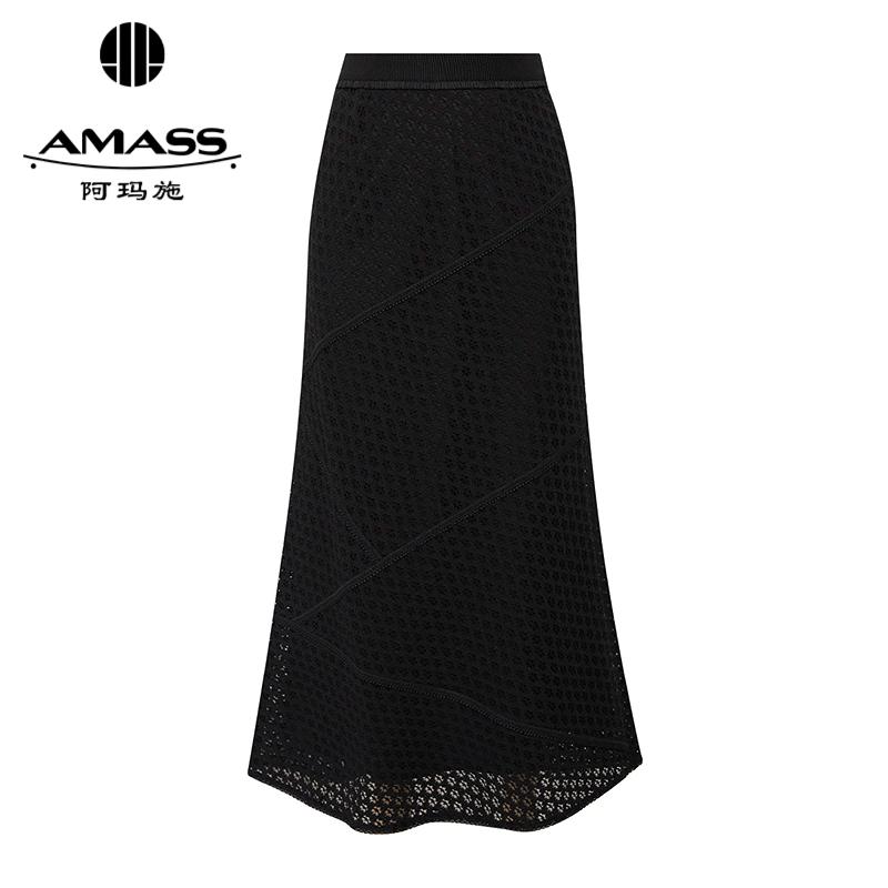 阿玛施AMASS 气质温柔镂空花纹立体蕾丝斜纹剪裁长款半身裙520033