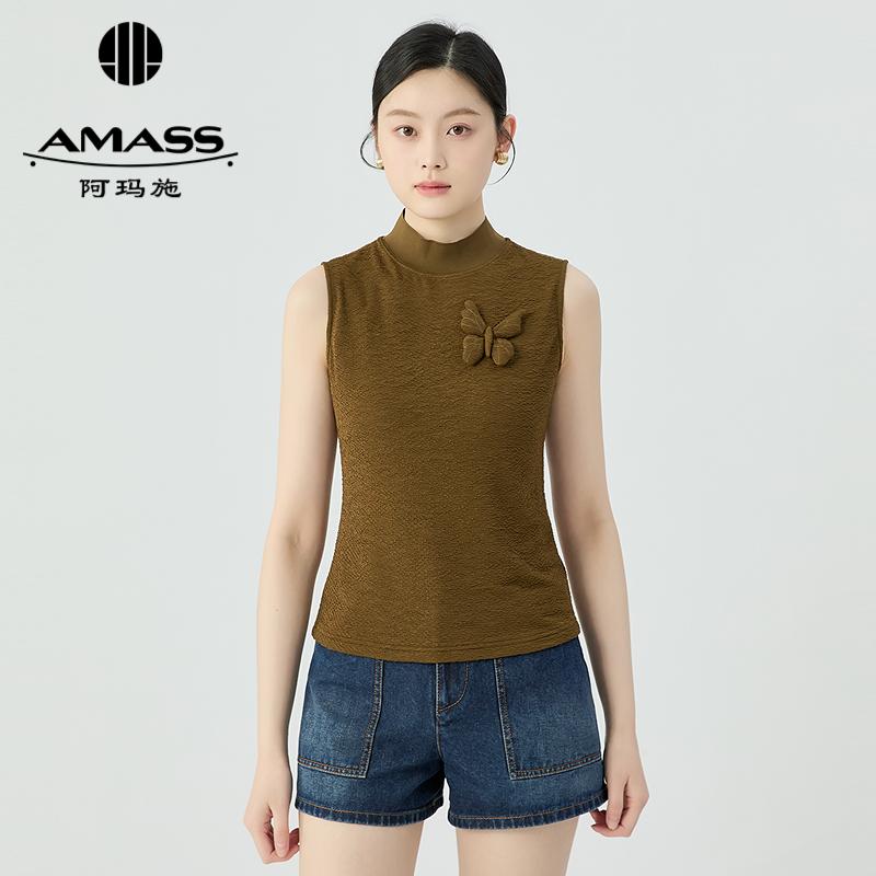 阿玛施AMASS 气质舒适蝴蝶立体装饰修身半高领背心式上衣530033
