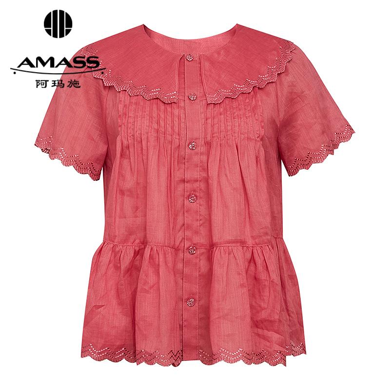 阿玛施AMASS 宫廷风花边娃娃领压褶短袖衬衫530037