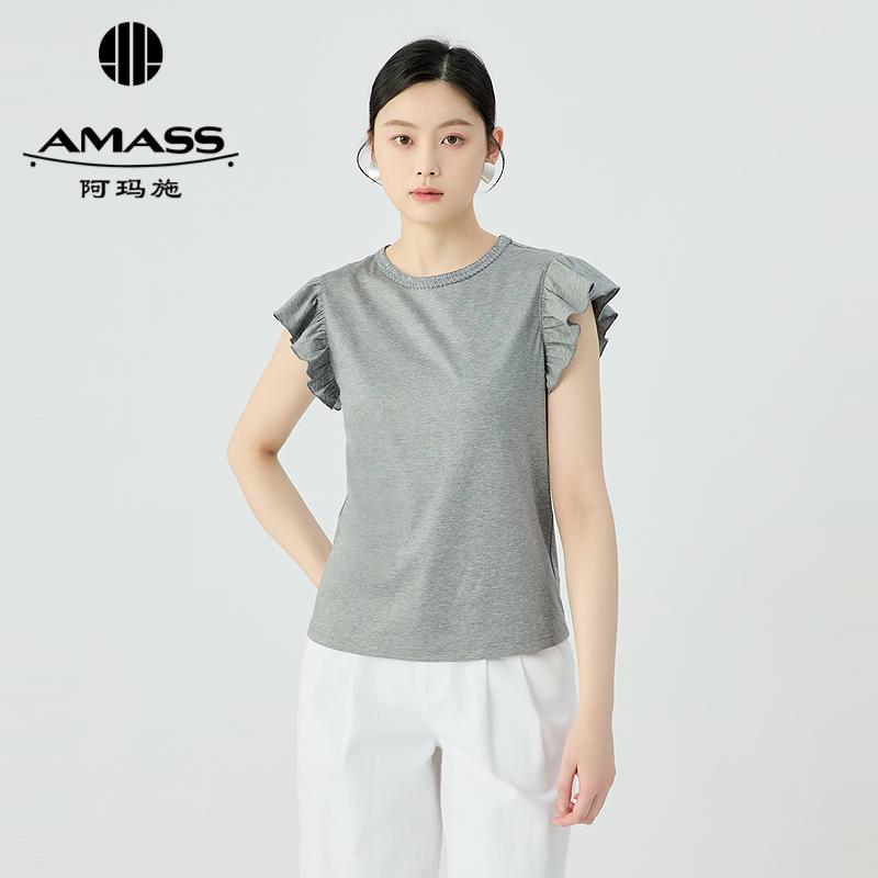 阿玛施AMASS 休闲百搭领口花边袖口木耳边短袖T恤530047