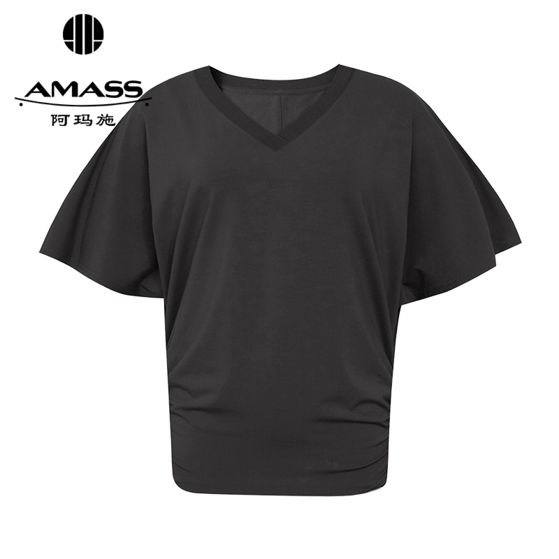 阿玛施AMASS 简约V领柔软轻肤侧腰抽褶百搭短袖上衣530081